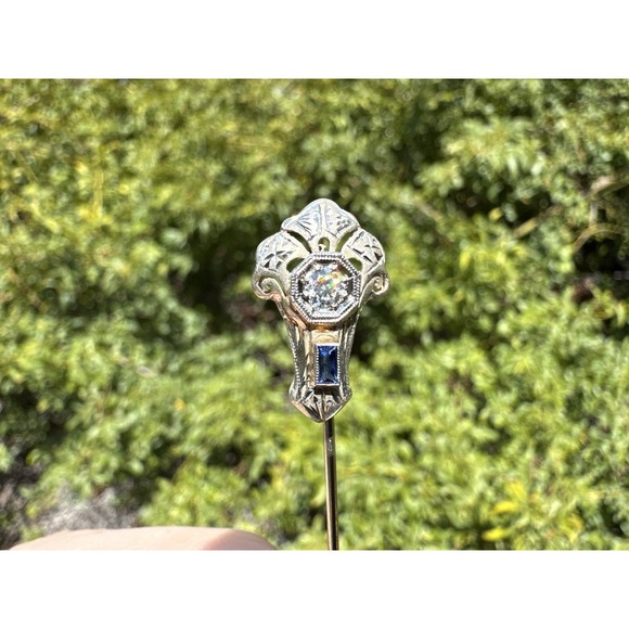 Antique 18k Solid White Gold Old Mine‎ Cut Diamond Sapphire Stickpin - Hat pin - Picture 11 of 11